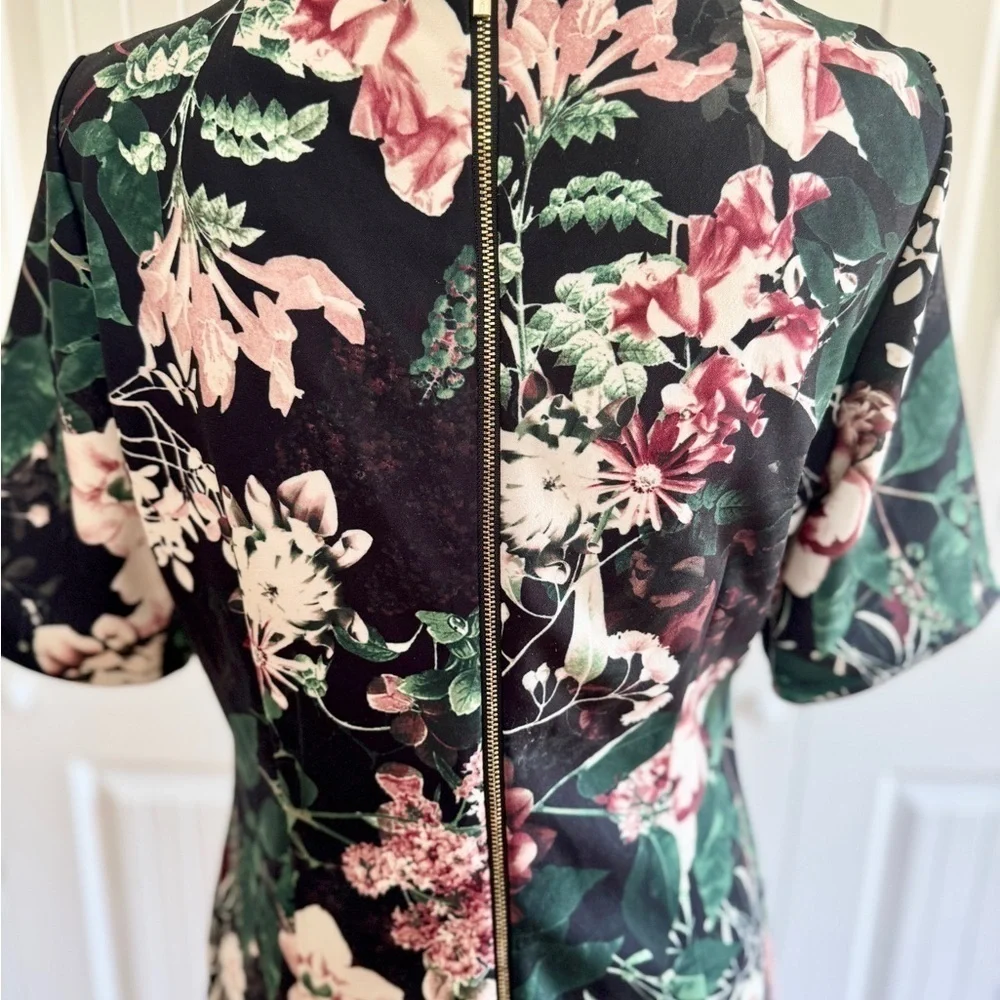 Calvin Klein Floral Scuba Sheath Dress 10 Black Pink Wedding Guest Midi
